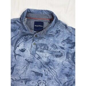 Tommy Bahama Men's M Polo Shirt Blue Fish Sea Life All Over Print 100% Cotton